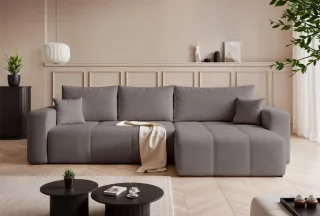 Ecksofa Schlafsofa Sofa LEROS XL in Stoff Manila Grau Ottomane Rechts