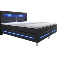Juskys Boxspringbett Norfolk, 140 x 200 cm, Bett mit Federkernmatratze, Topper, Kopfteil und LED-Beleuchtung