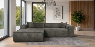 Ecksofa Designersofa CARLOTA in Stoff Perfect Harmony Dunkelgrau Ottomane Links