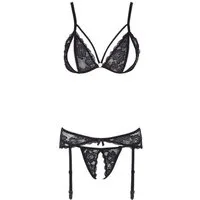 Cottelli Collection Set: Bügelloser BH 3-tlg Strumpfband-Set mit offenem Cup und Intimbereich Spitze schwarz (3-tlg) mit offenem Schritt und Cups