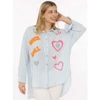 Zwillingsherz Hemdbluse "Rock n' Roll Patches" gestreift, länger geschnitten, auffallende Teddy-Patches, Knopfleiste