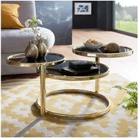 FINEBUY Couchtisch SuVa13947_1 Metall Glas Beistelltisch Wohnzimmertisch Sofatisch 58cm (Wohnzimmertisch Rund, Kaffeetisch Ausziehbar), mit 3 Tischplatten Schwarz Gold 58 x 43 x 58 cm