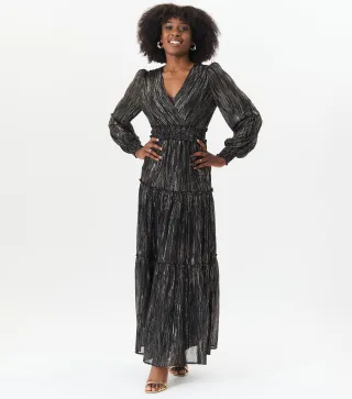 Schwarz Lurex Chiffon Anlass gestaffelt Maxi Dres