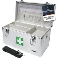 HMF Erste-Hilfe-Koffer Alu Medizinkoffer Arztkoffer für Erstversorgung, Erste-Hilfe-Koffer, mit Tragegriff und Schultergurt, 40 x 22,5 x 20,5 cm, silber