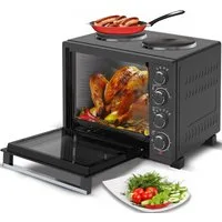 TurboTronic by Z-Line Minibackofen mit Umluft und Drehspieß + 2 Kochplatten 35 Liter, 3200W Pizzaofen, Mini Tisch Backofen Camping Pizzaofen Klein/Groß
