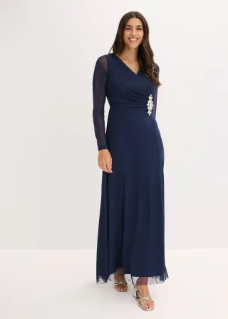 bonprix Abendkleid aus zartem Tüll mit Steinapplikation, blau, Gr.48, Klassisches Abendkleid aus zartem Tüll in Wickel-Optik mit Kräuseln und einer Schmuckapplikation an der Taille