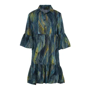 Kleid aus Viskose mit azurblauem Federdruckmuster