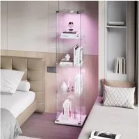 FUROKOY Glasvitrine Standvitrinen, Vitrine aus gehärtetem Glas (Vitrinenschrank mit 1 Glastür und Beleuchtung für Sammler, Bücher) 4 Lagen Sammlervitrine, Weiß