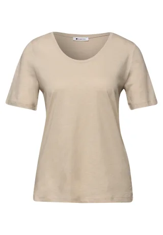 Street One - Basic T-Shirt mit gerundetem V-Neck cotton beige - Gr. - 42