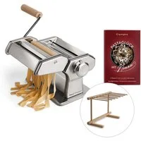 Springlane Nudelmaschine - Manuelle Nudelmaschine aus Edelstahl - Pastamaker inkl. Rezeptbuch, Nudeltrockner & 3 Schneideaufsätze, 9 Teigdicke-Stufen