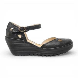 Fly London Damen-Keilsandalen „Yuna“ aus schwarzem Leder