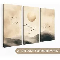 MuchoWow Leinwandbild Landschaft - Japandi - Beige - Vögel, Fotodruck (3 St), Wand Bilder 3 Set, Deko Schlafzimmer Wohnzimmer Flur 60x40 cm
