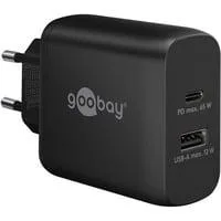 USB-C Dual-Schnellladegerät, PD, GaN, 65 Watt schwarz, 1x USB-C, 1x USB-A, Power Delivery