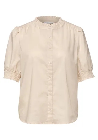 Street One - Kurzarmbluse mit Rüschen-Stehkragen beige - Gr. - 36