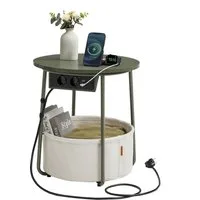 VASAGLE Beistelltisch, rund, mit Steckdose, USB-Anschlüsse, mit Korb aus Stoff, Ø45 cm