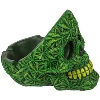 Out of the Blue Aschenbecher Totenschädel mit Cannabis Motiv ca. 11cm Totenkopf Ascher Marihuana, mit 3 Einsenkungen