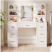 Furnicopia Schminktisch Mit einstellbarer LED-Beleuchtung, 7 Schubladen und 4 Fächern (Große Größe: 110 × 40 × 137 cm, mit 1 USB-Anschluss, 1 Typ-C-Ladeanschluss, 2 Netzsteckdosen und 1 Föhnhalterung. Erhältlich in Weiß oder Schwarz-ostern geschenke)