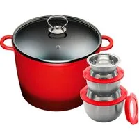 KING Kochtopf XXL, Ø 24 cm, Aluminiumguss (Set, 8-tlg., 3 Schüsseln mit Deckeln: Ø17.5 Ø14.5 Ø12cm, 7 Liter XXL Kochtopf), Induktion, mit Glasdeckel, langlebige Antihaft-Keramikbeschichtung