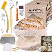 HEYHIPPO Gärkorb 2er Set Banneton Gärkorb 23×8 cm, Sauerteigkorb mit 6 Zubehörteilen, (Set 9-tlg), Rattan Gärkorb Set, Sauerteig Brotbackset mit Teigschaber & Rezeptbuch