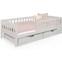 Ehrenkind Kinderbett Lille aus massivem Kieferholz inkl. Rollrost und Rausfallschutz (90x200 cm Hellgrau, 2-in-1: Mit optionalem Umbauset zum Bodenbett umbaubar), flexibler Rausfallschutz beidseitig montierbar