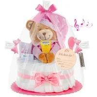 Timfanie Windeln Windeltorte, Spieluhr Schlafmütze, rosa, 0-8 Monate (Handgefertigtes Geschenk - In Folie gehüllt, mit Schleifen verziert, 28-St., 20x Pampers Premium, 1 Marken-Kuscheltier, wertige Accessoires), Das Perfekte Geschenk zur Geburt oder 