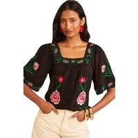 Love & Roses Kurzarmbluse Love & Roses bestickte Bluse mit Carrée-Ausschnitt (1-tlg)