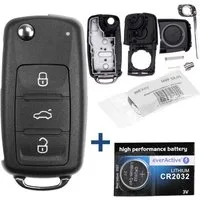 mt-key 3 Tasten Auto Klappschlüssel Reparatur Gehäuse + 1x passende CR2032 Knopfzelle, CR2032 (3 V), für ab BJ. 11/2009 VW UP POLO BEETLE GOLF SEAT IBIZA FABIA OCTAVIA