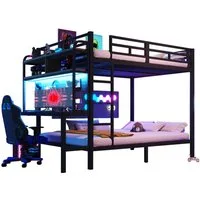 SOFTWEARY Etagenbett mit RGB LED-Lichterkette und Schreibtisch (140x200 cm, mit Leiter, Regal, Steckdose, USB und Lattenrost), Metallbett mit Rausfallschutz, Kinderbett