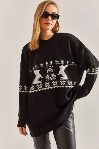 Langer Oversized-Muster-Strickpullover mit Rundhalsausschnitt