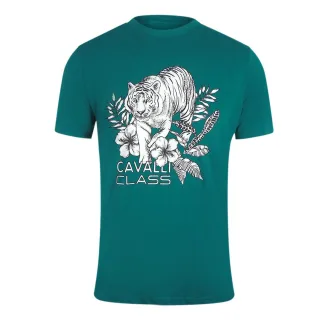 Cavalli Class - Grünes T-shirt Mit Tiger-blumenlogo