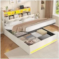 MSMASK Polsterbett mit Hydraulischem Stauraum, LED-Beleuchtung & Steckdosen (Ohne Matratze), Doppelbett, Jugendbett 140x200cm