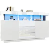 Merax Sideboard Hochglanz mit LED, Mehrzweckschrank aus Spanplatte & Acryl (1 St), Kommode mit 3 Schubladen und 2 Türen, Schrank Vitrine 140x35x80cm