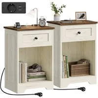 VASAGLE Nachttisch Beistelltisch aus Holzspanplatte, Landhausstil für Schlafzimmer, 2er Set mit Steckdose, USB-Anschlüssen und Schublade, 40 x 30 x 59 cm