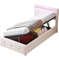 Flieks Polsterbett, LED Beleuchtung Einzelbett 90x200cm mit hydraulischem Stauraum