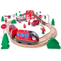 Woodyland Spielzeug-Eisenbahn 92110 Eisenbahnset - 60 teilig. Mit batteriebetriebener Lok, (60-tlg), Fahrzeuge magnetisch. Lok elektrisch betrieben