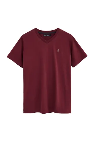 T-Shirt granatrot mit V-Ausschnitt und Rigby Go Logo