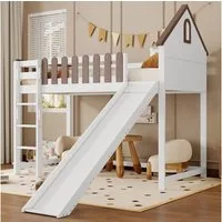 Merax Hochbett (Kieferholzbett, Etagenbett mit Dach und Fenster) Kinderbett 90x200cm mit Rutsche und dreistufiger Leiter, Haus-Design