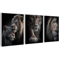 artissimo Mehrteilige Bilder Wandbilder-Set 3er-Set / moderne Wanddeko / Wohnzimmer Schlafzimmer, Tiere: Löwen-Portraits in schwarz braun