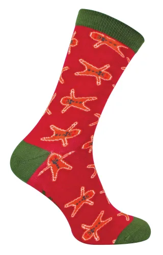 Lebkuchenmänner Socken | Herr Heron | Atmungsaktive Neuheit Fun Design Crazy Crew Funky Bambus Socken | Weihnachtsgeschenk für Ihn - Lebkuchenmänner (Dunkelrot)