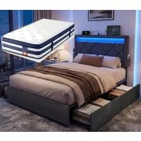 VASAGLE Polsterbett inkl. ergonomischer Matratze, mit LED(25 Farben), USB, 4 Schubladen, 90x200 cm, 4 Schubladen, USB, H3