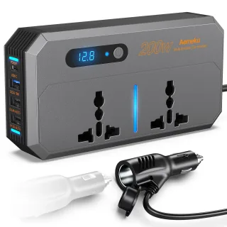 Aemeku 200W Multi-functional Car Inverter DC 12V to AC 220V Converter Auto Power Lighter Adapter USB Type-C PD30W QC3.0