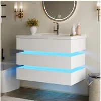 Flieks Waschtisch mit LED-Beleuchtung, Waschbeckenunterschrank inkl. Waschbecken (B81/T47,5/H57 cm, 1-St., wandhängend Badzimmerschrank & rechteckig Keramikbecken), Badmöbel-Set Badezimmerschrank mit 2 Soft-Close Schubladen Weiß