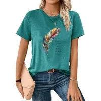 PYLIKE Print-Shirt Bequemes Shirt Damen Kurzarm Sommer Basic-Shirt mit Feder Print Bequem für Freizeit und Büro,Strandurlaub