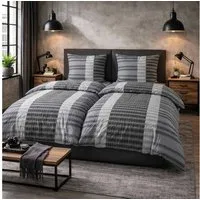 Casa Colori Bettwäsche Seersucker Garnitur 135x200 Reißverschluss Anthrazit Grau Gestreift, Seersucker, 4 teilig, leichte Bettgarnitur perfekt für den Sommer