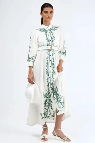 Blumenmuster Midi Hemdblusenkleid mit Gürtel