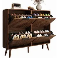 Merax Schuhschrank in Walnussholz-Optik, Flurschrank mit Massivholzbeinen (105 x 24 x 90 cm, 1-St., Schuhregal für 18–24 Paar Schuhe) Schuhkommode mit Klapptüren, doppelstöckiges Design & Stauraum