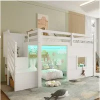 Merax Hochbett mit LED-Beleuchtung (Kieferholz Hausbett Spielbett, 1-St) Kinderbett 90x200cm mit Treppe Fenster Stauraum Sicherheitsgeländer