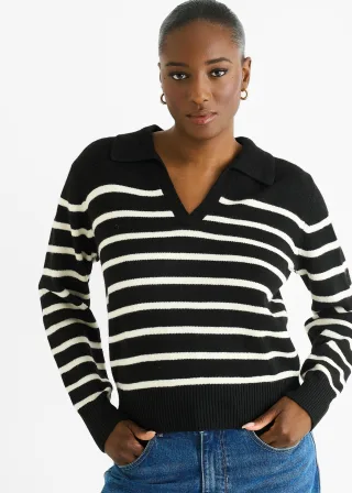Schwarzer Strickpullover mit V-Ausschnitt und Recycling-Streifen