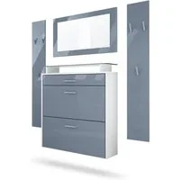 Vladon Garderoben-Set Malea, (Garderobenset bestehend aus 1 Hängeschuhschrank, 1 Wandspiegel und 2 Garderobenpaneele), Weiß matt/Grau Hochglanz