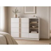 MOEBLO Kommode Glamy Wood 5S (5 Schubladen und 3 Fächer, weiße Kommode mit Holzgriffen, skandinavisches Design, Wohnzimmer Schlafzimmer Komodenschrank Highboard), (BxHxT):135 x 96 x 47 cm